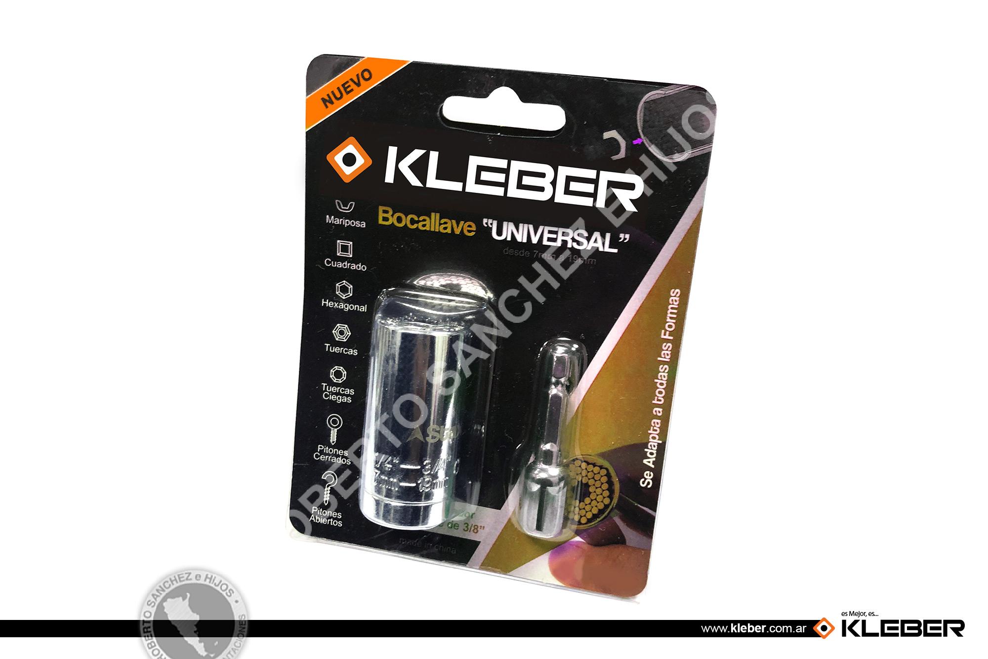 BOCALLAVE UNIVERSAL KLEBER 7 MM A 19 MM. INCLUYE ADAPTADOR CON ENCASTRE DE 3/8" PRECIO X BLISTER - BULTO X 50 BLISTER.