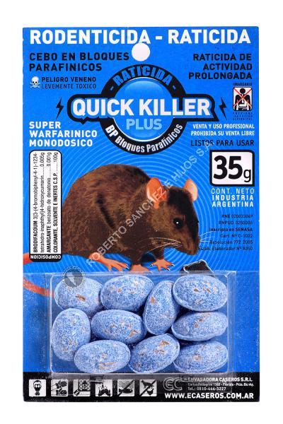 RATICIDA EN BLOQUE QUICK KILLER PLUS BP BLISTER 35 GRS. (BLOQUE DE 5 GRS) (CAJA X 48 BLISTERS)